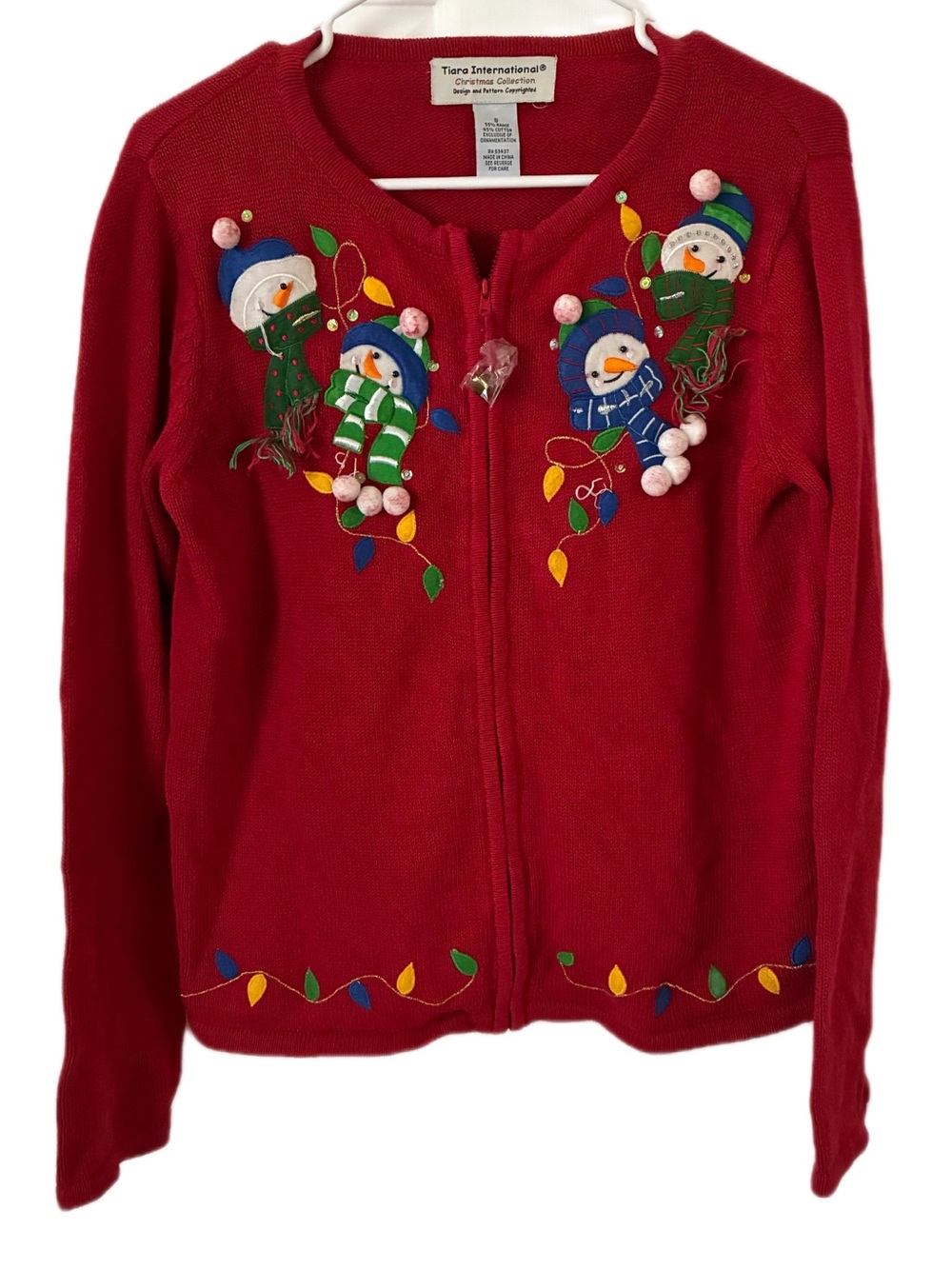90s Tiara International Vintage Snowman Christmas Lights Zip Up Cardigan